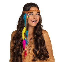 Hnědá čelenka hippie s peříčky